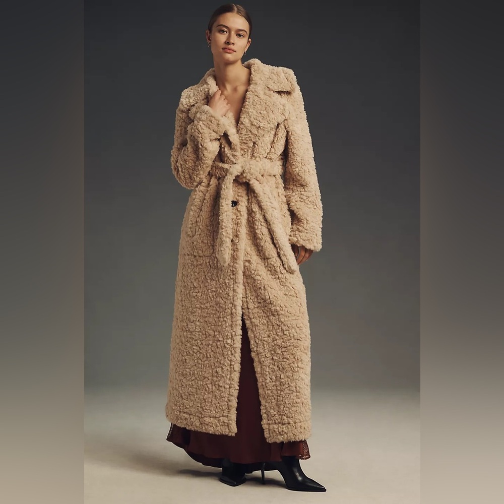 💛💛💛 Avec Les Filles Notch Lapel Beige Fuzzy Long Coat Size L